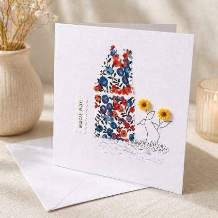 Handmade New Home Card with Liberty Fabric and Sunflowers