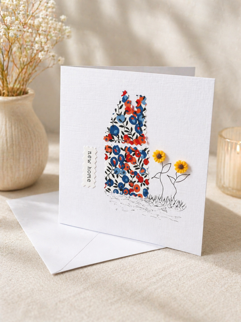 Handmade New Home Card with Liberty Fabric and Sunflowers