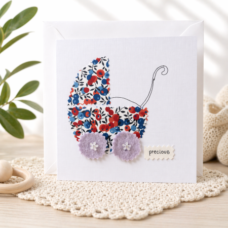 Handmade New Baby Card with Fabric Appliqué Pram Design