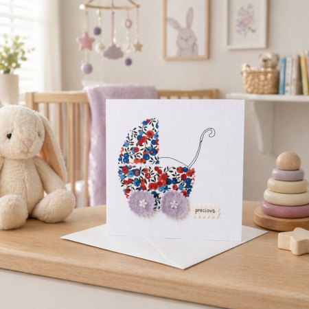 Handmade New Baby Card with Fabric Appliqué Pram Design