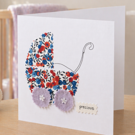 Handmade New Baby Card with Fabric Appliqué Pram Design