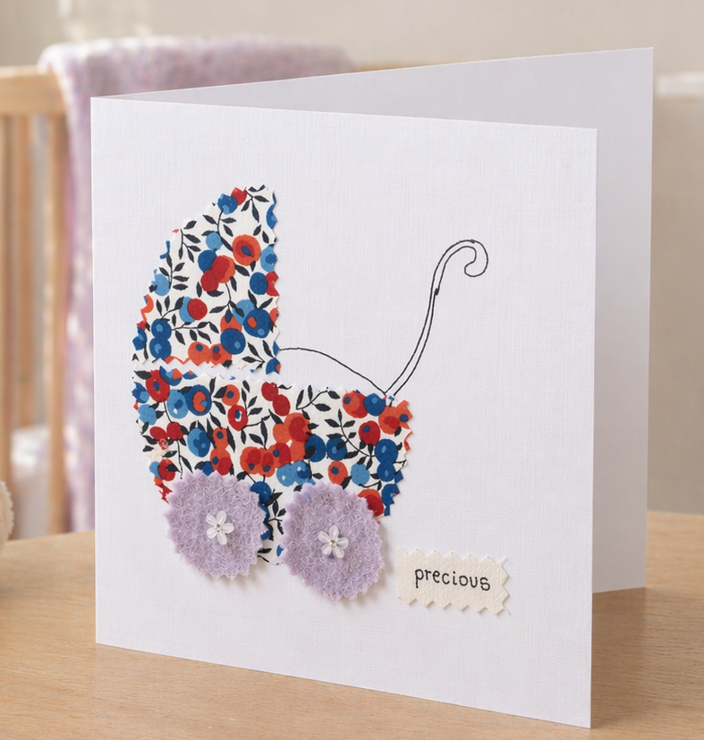 Handmade New Baby Card with Fabric Appliqué Pram Design