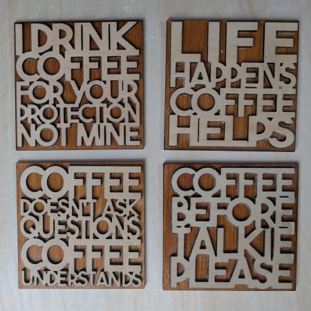 Coffee Lover Coaster Set, made up of two layers of wood