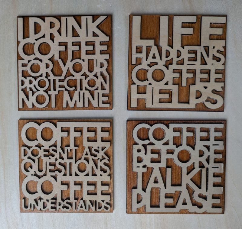 Coffee Lover Coaster Set, made up of two layers of wood