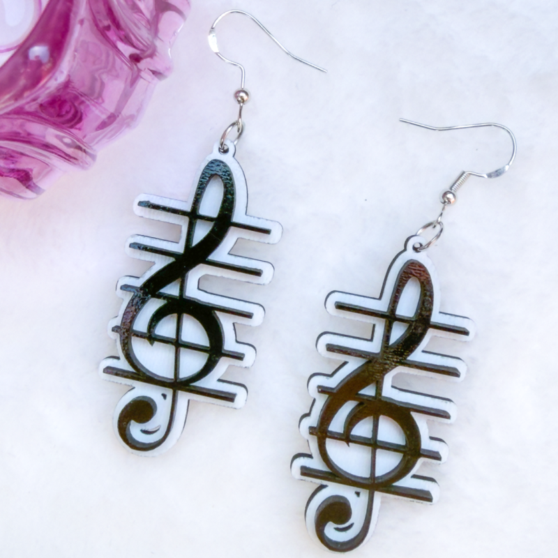 Musical treble clef black and white wooden earrings