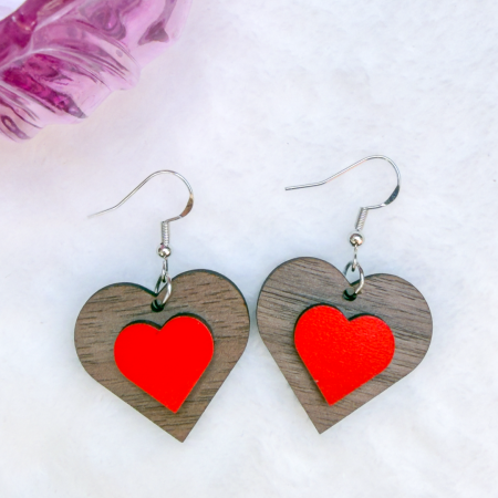 Red heart shaped wooden earrings