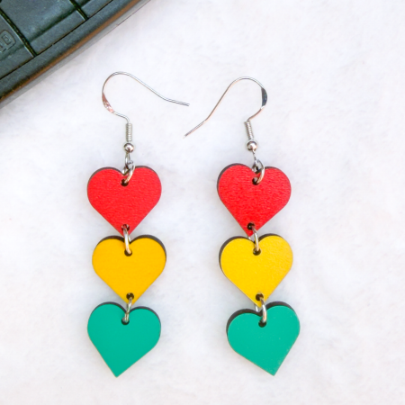Traffic light, red, yellow and green heart shaped wooden earrings