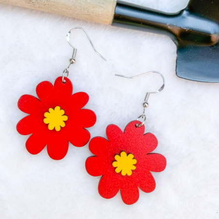 Red flower laser cut wooden earrings