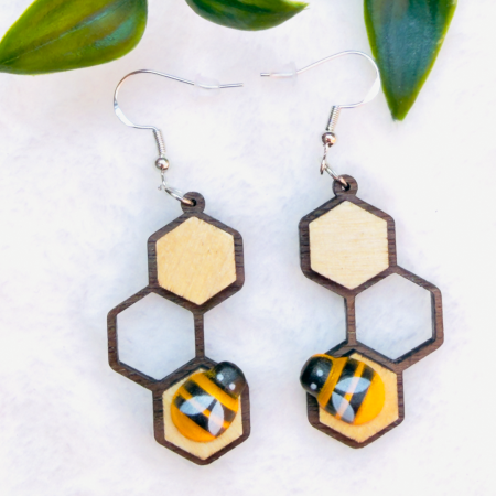 ‘Honey bees’ - honeycomb and bee laser cut wooden earrings