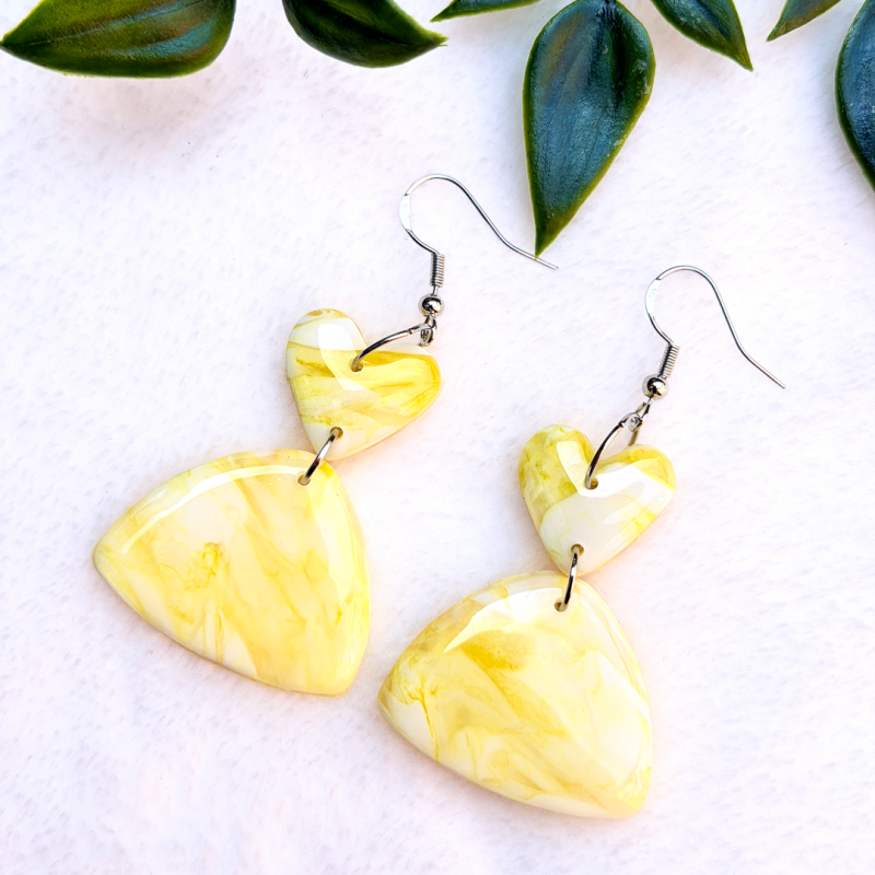 Handmade Lemon-Coloured 2 Tier Drop Earrings with Silver plated Hooks