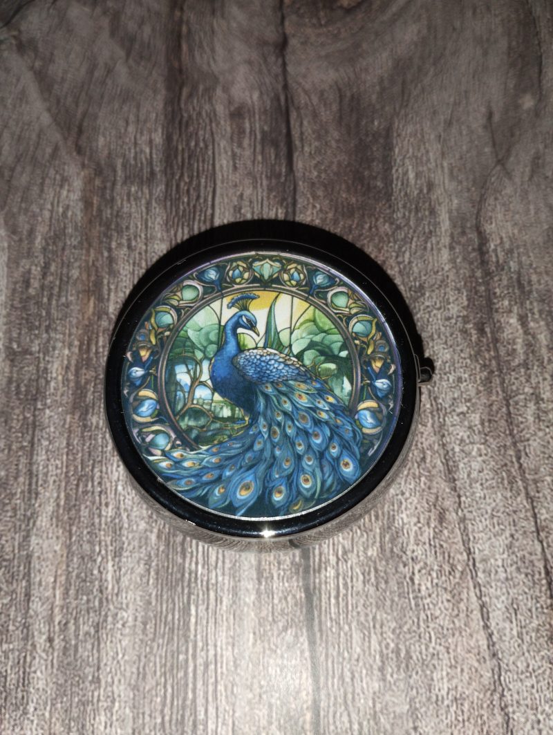 peacock pill tin
