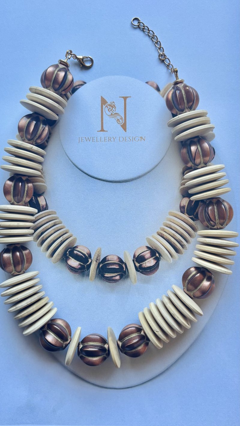 Natural Wood & Bronze Statement Necklace