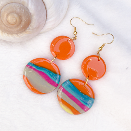 Summer fun earrings, orange, blue and pink double drop polymer earrings.