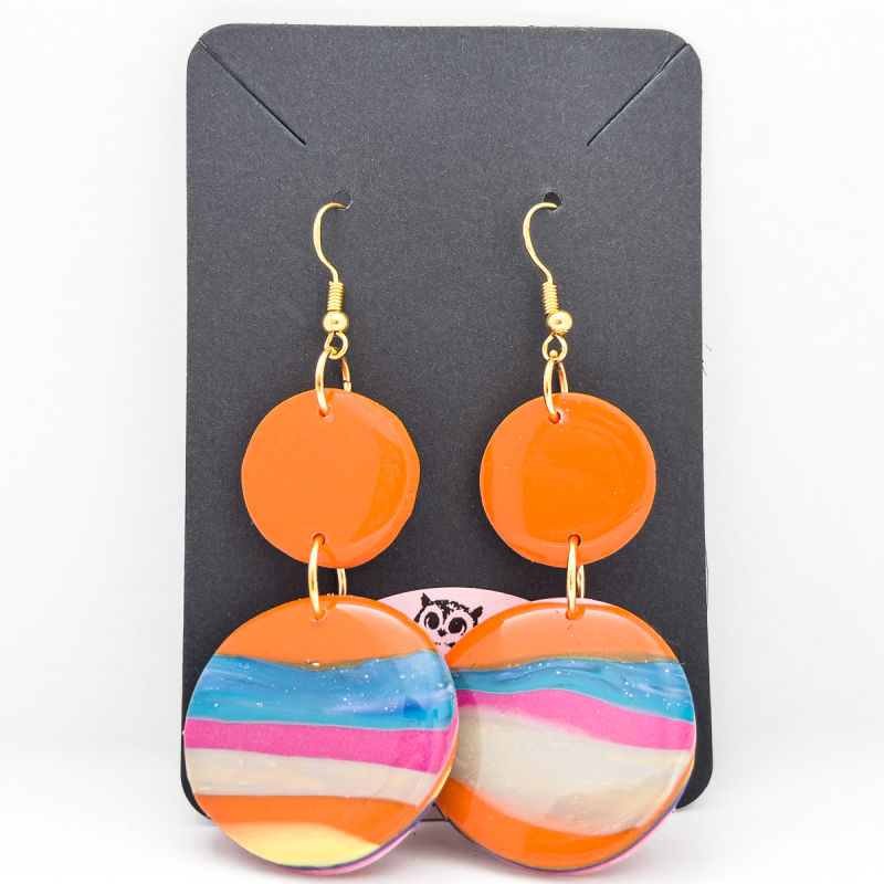 Summer fun earrings, orange, blue and pink double drop polymer earrings.