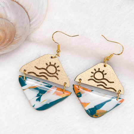 Beach Day - 2 part triangular polymer earrings, blue, white and orange.