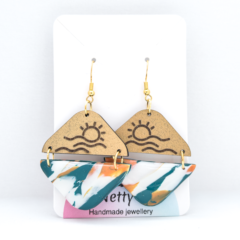 Beach Day - 2 part triangular polymer earrings, blue, white and orange.