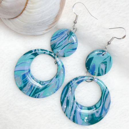 Handcrafted 2 tier blue mix polymer clay drop earrings