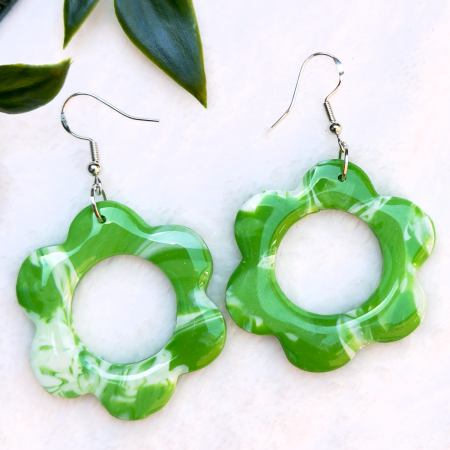 Green Daisy hoops single drop polymer clay earrings.