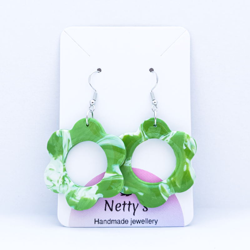 Green Daisy hoops single drop polymer clay earrings.