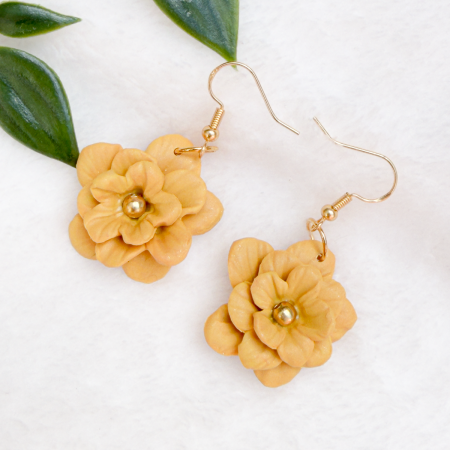 Matt Yellow bloom with gold bead centre - polymer clay earrings