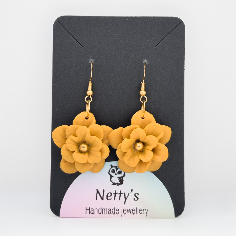 Matt Yellow bloom with gold bead centre - polymer clay earrings