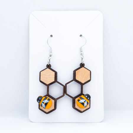 ‘Honey bees’ - honeycomb and bee laser cut wooden earrings