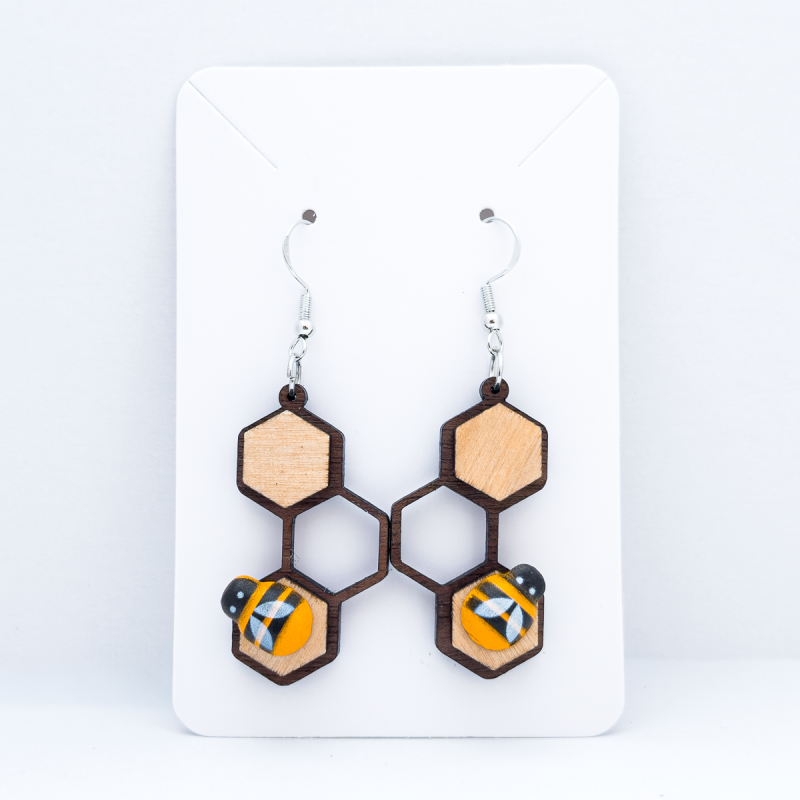 ‘Honey bees’ - honeycomb and bee laser cut wooden earrings