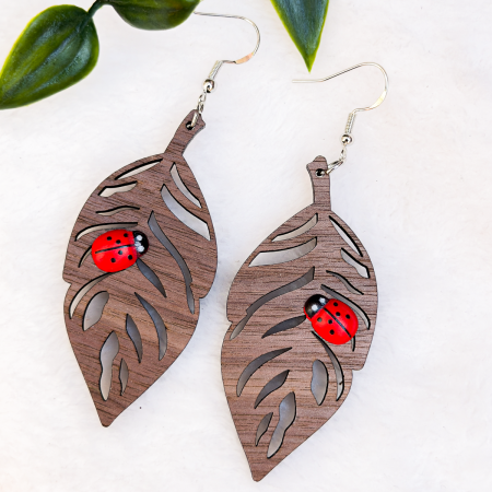 Ladybird Leaf design laser cut wooden drop earrings
