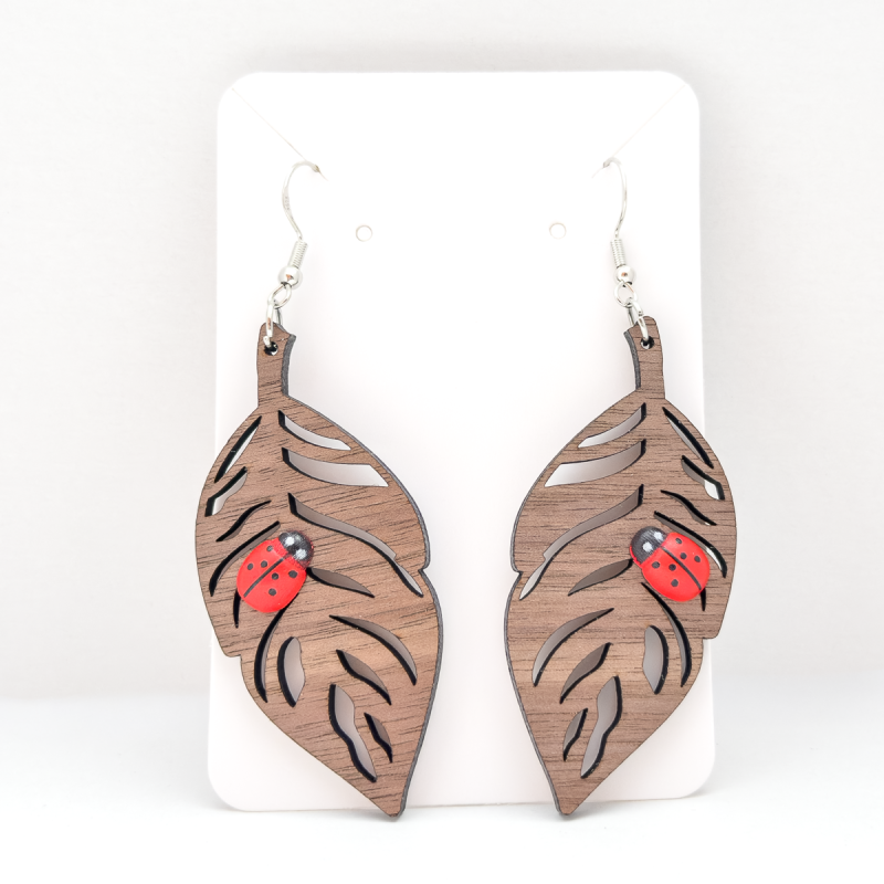 Ladybird Leaf design laser cut wooden drop earrings