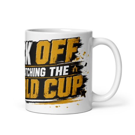 Product Title: Funny World Cup White Ceramic 11oz Mug | Black Gold Football Banter Style | Made To Order