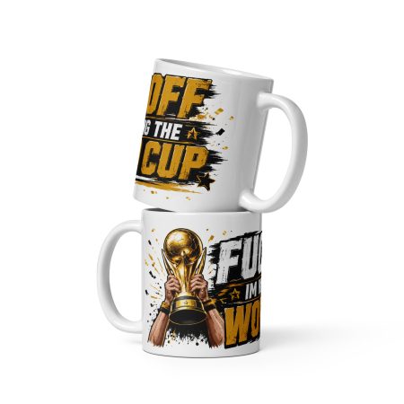 Product Title: Funny World Cup White Ceramic 11oz Mug | Black Gold Football Banter Style | Made To Order