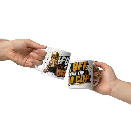 Product Title: Funny World Cup White Ceramic 11oz Mug | Black Gold Football Banter Style | Made To Order