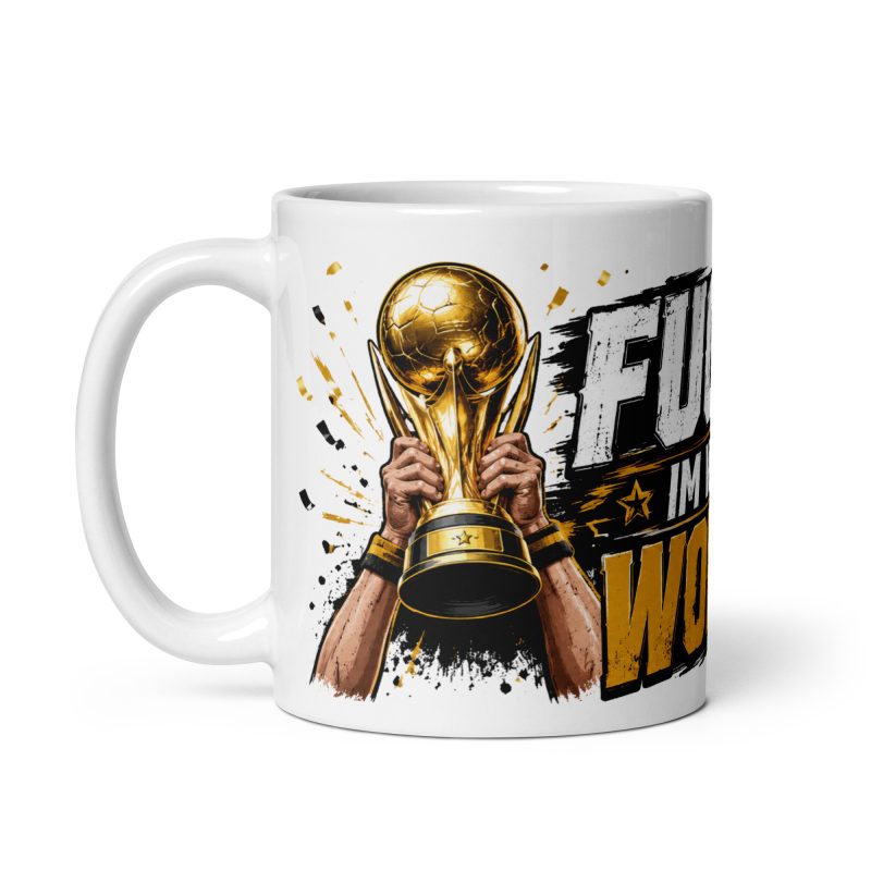 Product Title: Funny World Cup White Ceramic 11oz Mug | Black Gold Football Banter Style | Made To Order