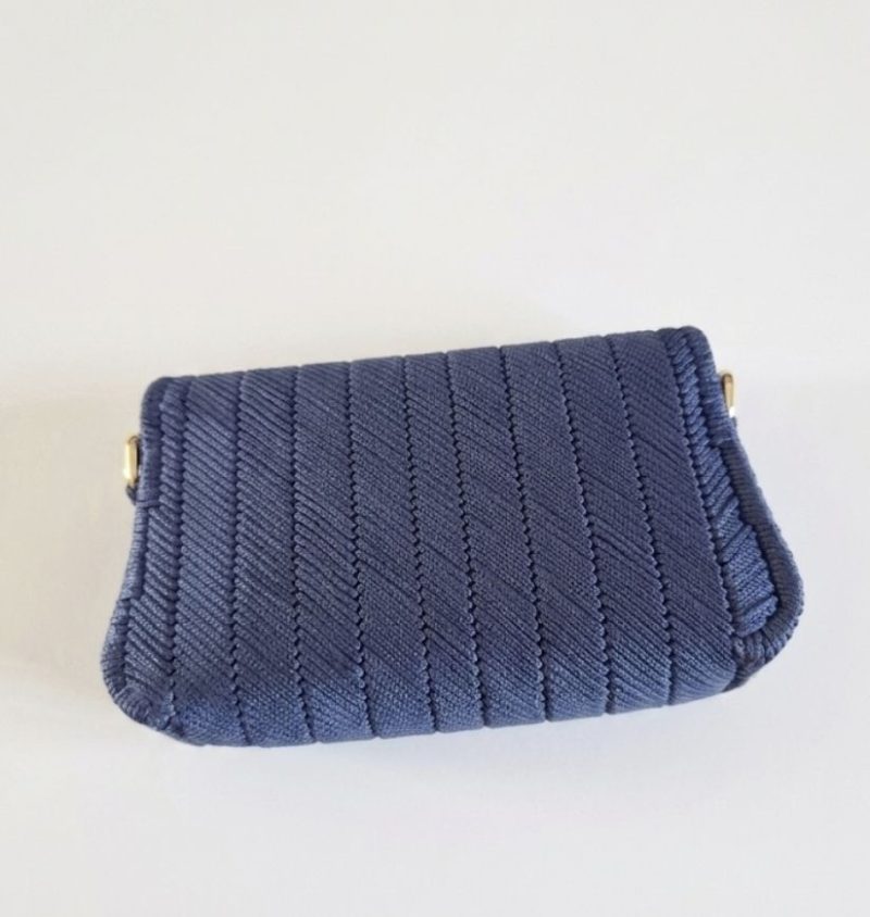 Handmade Royal Blue Crochet Clutch Bag with Floral Brocade Lining