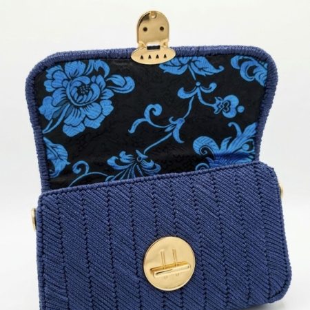 Handmade Royal Blue Crochet Clutch Bag with Floral Brocade Lining