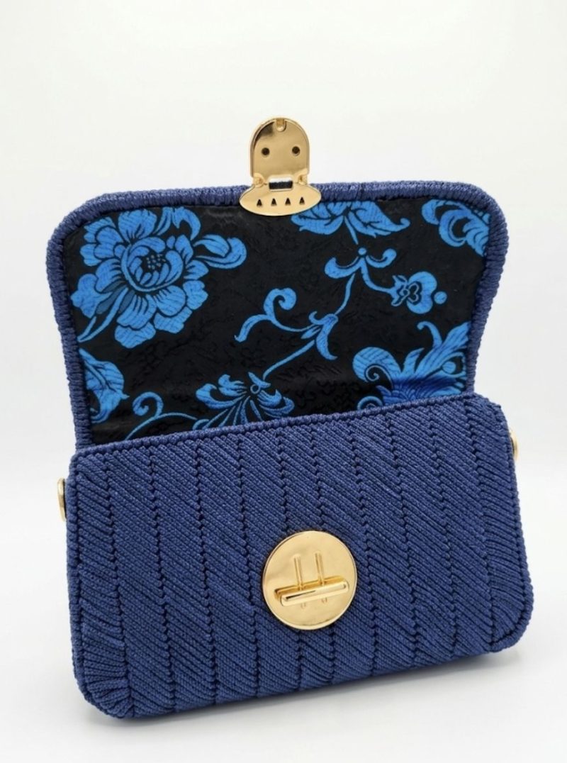 Handmade Royal Blue Crochet Clutch Bag with Floral Brocade Lining