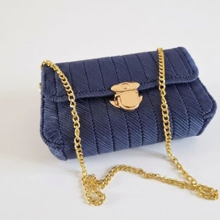 Handmade Royal Blue Crochet Clutch Bag with Floral Brocade Lining
