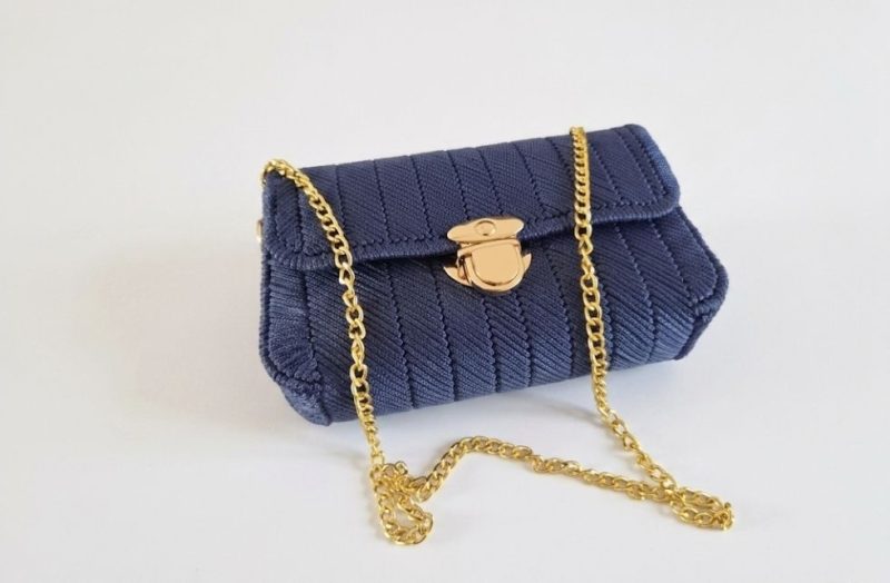 Handmade Royal Blue Crochet Clutch Bag with Floral Brocade Lining
