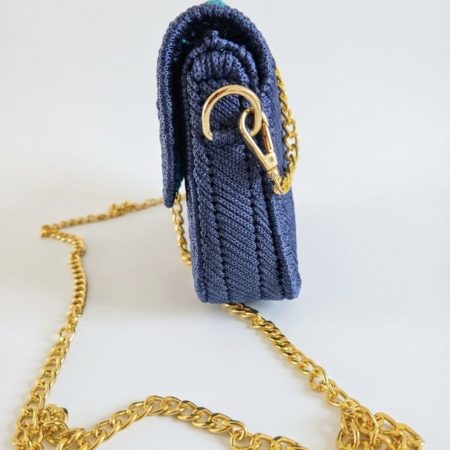 Handmade Royal Blue Crochet Clutch Bag with Floral Brocade Lining