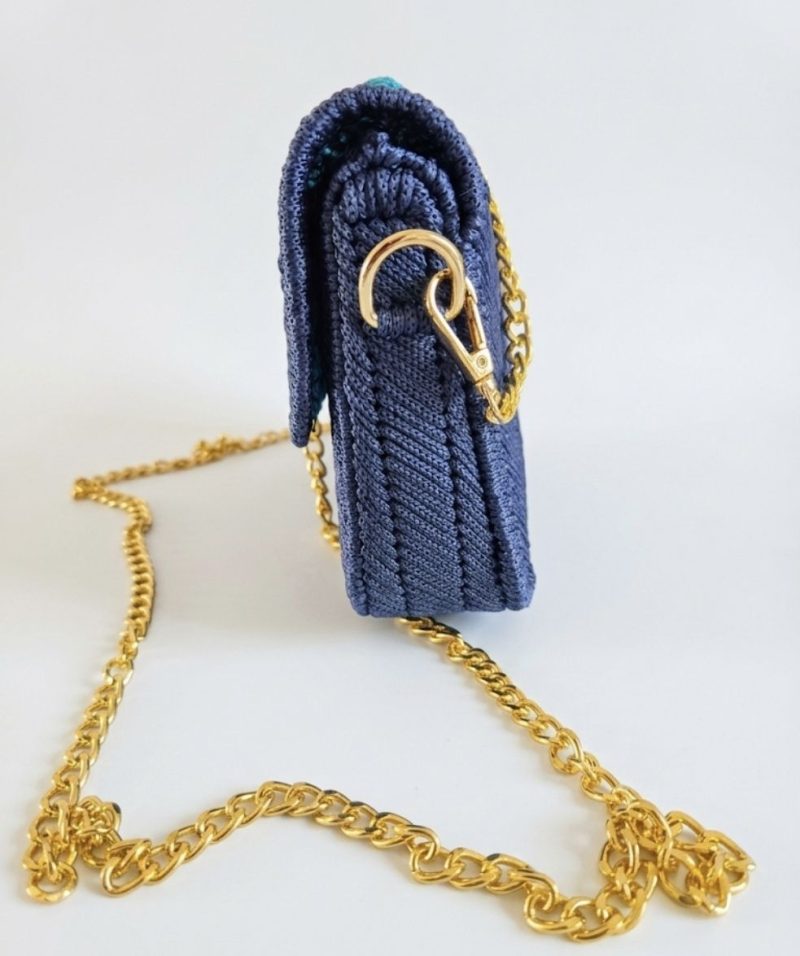 Handmade Royal Blue Crochet Clutch Bag with Floral Brocade Lining