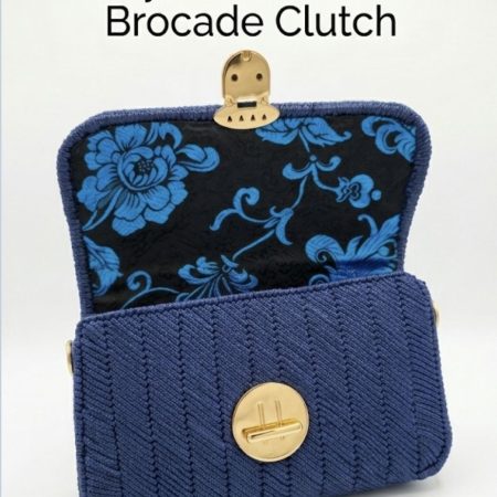 Handmade Royal Blue Crochet Clutch Bag with Floral Brocade Lining