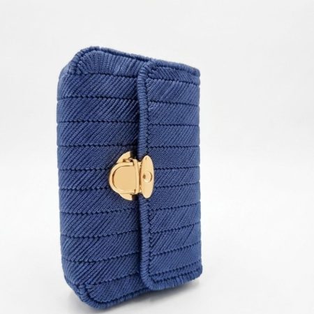 Handmade Royal Blue Crochet Clutch Bag with Floral Brocade Lining
