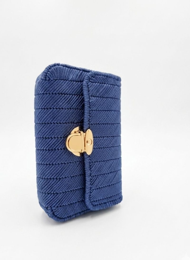 Handmade Royal Blue Crochet Clutch Bag with Floral Brocade Lining