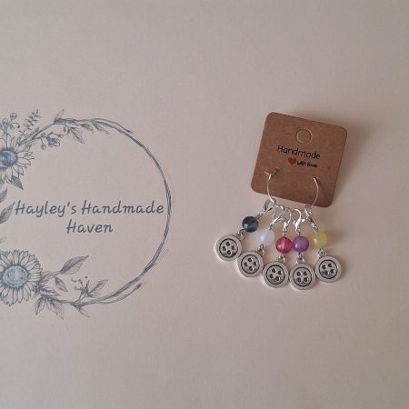 Handmade Silver Button Stitch Markers. Set of 5 Colourful Craft Progress Keepers