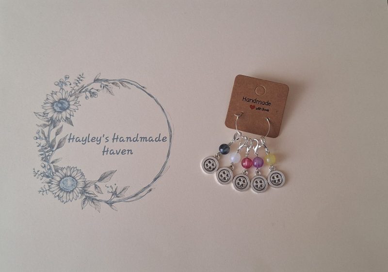 Handmade Silver Button Stitch Markers. Set of 5 Colourful Craft Progress Keepers