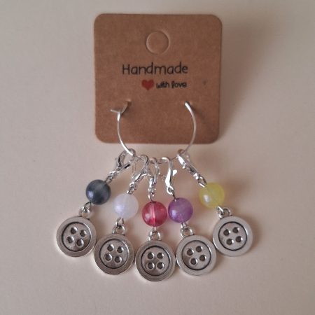 Handmade Silver Button Stitch Markers. Set of 5 Colourful Craft Progress Keepers