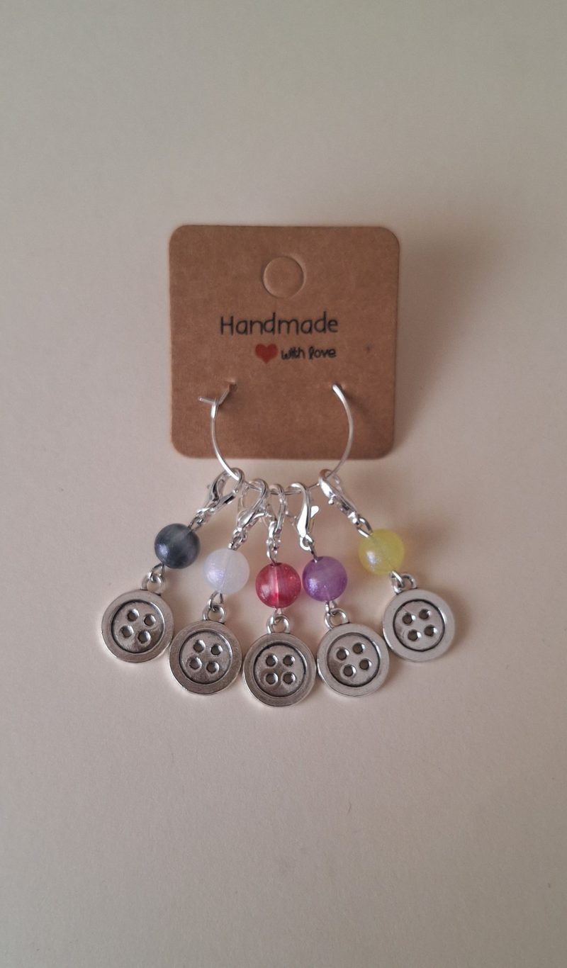 Handmade Silver Button Stitch Markers. Set of 5 Colourful Craft Progress Keepers