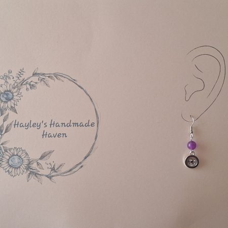 Handmade Silver Button Drop Earrings with Purple Beads. Quirky Craft Jewellery