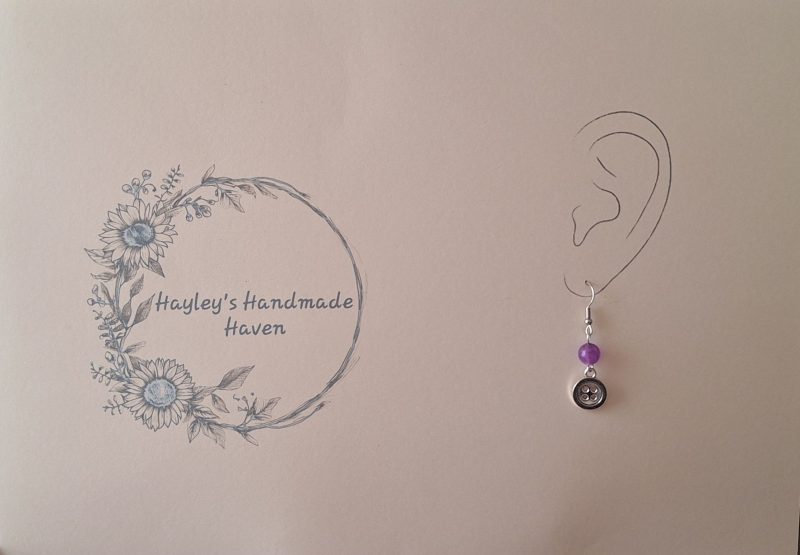 Handmade Silver Button Drop Earrings with Purple Beads. Quirky Craft Jewellery