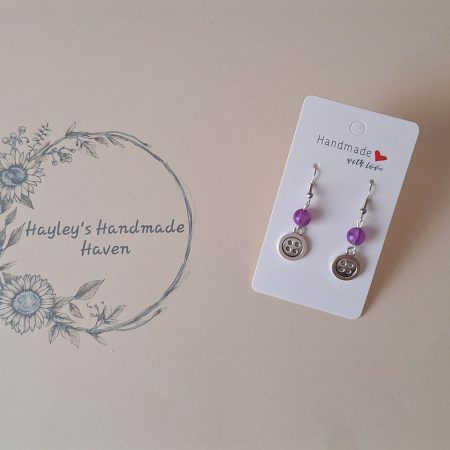 Handmade Silver Button Drop Earrings with Purple Beads. Quirky Craft Jewellery